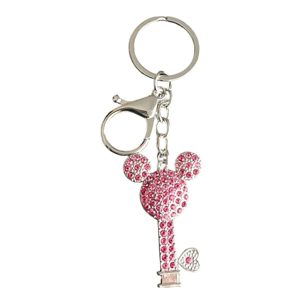 Women's Pink Crystal Key Chain Mickey Mouse Key Charm Silver Tone 4in